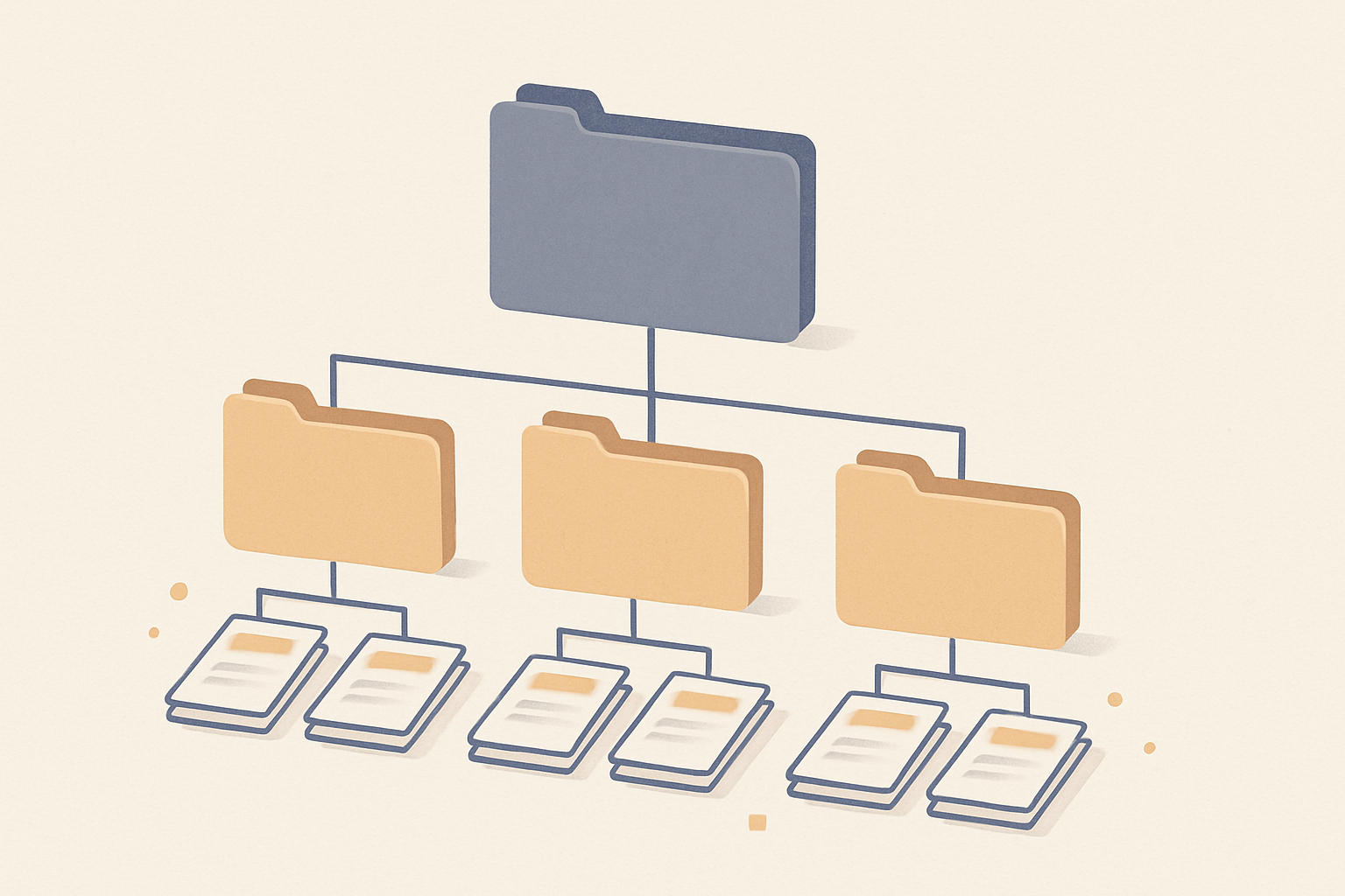 A three-level folder hierarchy showing one top-level client folder with three subfolders, each containing stacked document sheets — illustrating an organized per-client documentation structure.