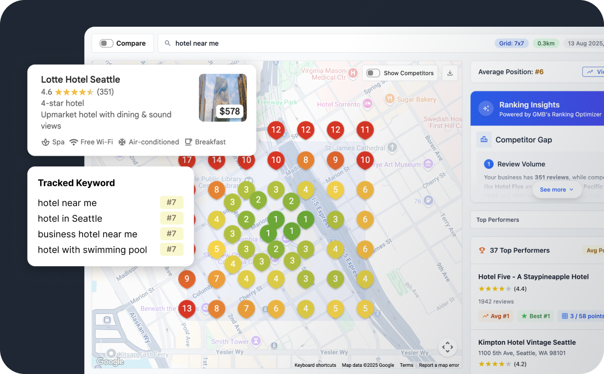 A geo-grid scan in Grid My Business showing rank across a grid of points over a service area.