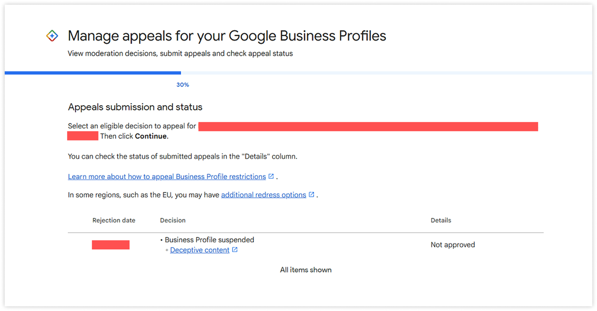 Google appeals dashboard showing a Business Profile suspended for Deceptive content with a status of Not approved.