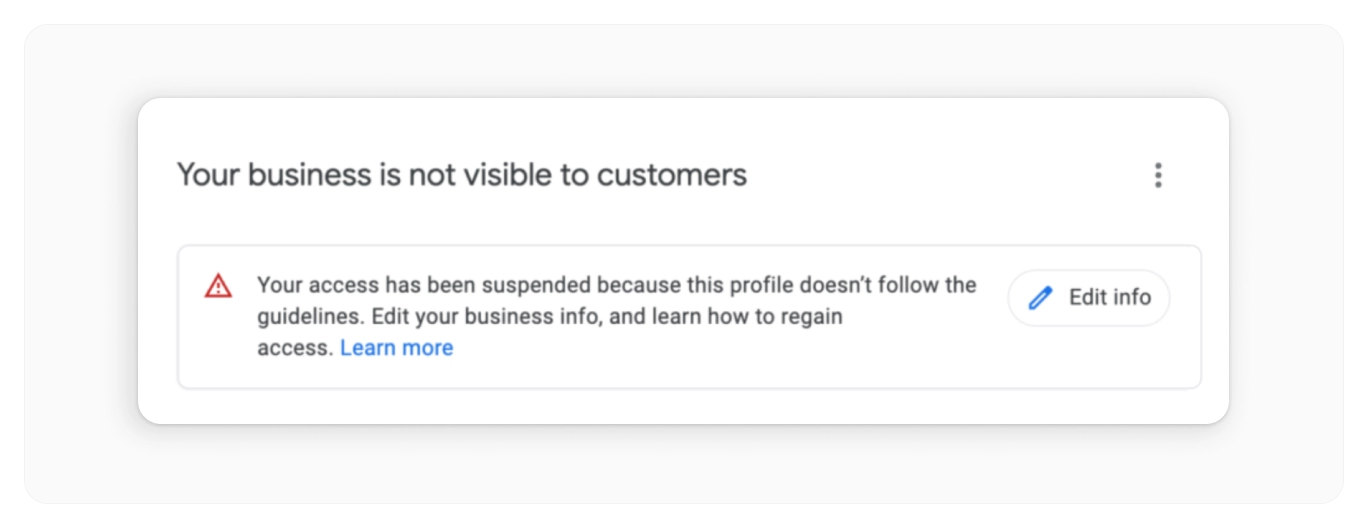 GBP Manager showing a suspended profile with the message: Your business is not visible to customers