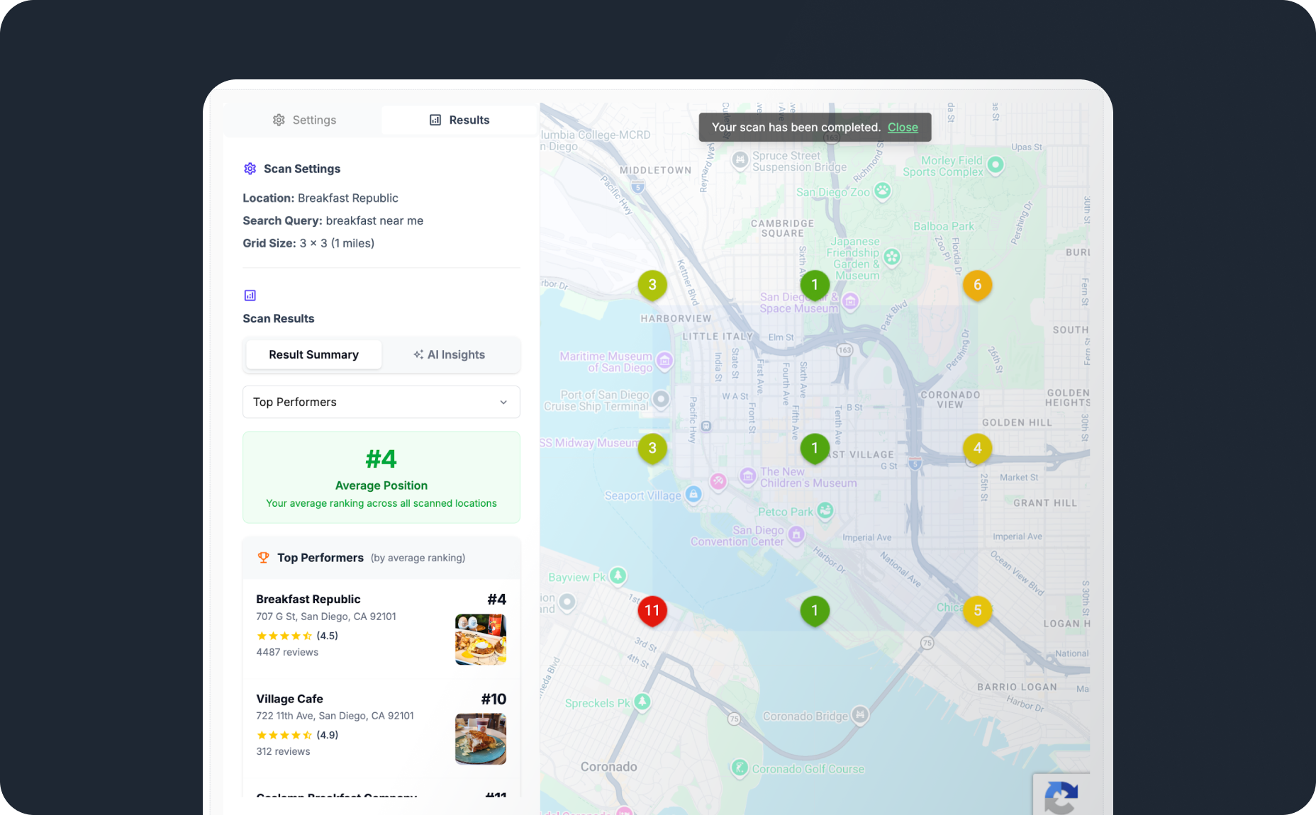 The Embed Scan Widget's code snippet, a completed ranking scan with grid map and average position, and the widget rendered on a sample website
